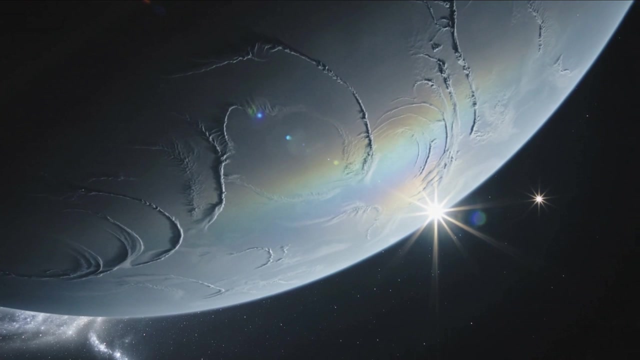 Un emisfero ghiacciato e brillante nello spazio reagisce a una stella che sorge all'orizzonte, con un bagliore dell'obiettivo che si sposta e una fascia arcobaleno.
