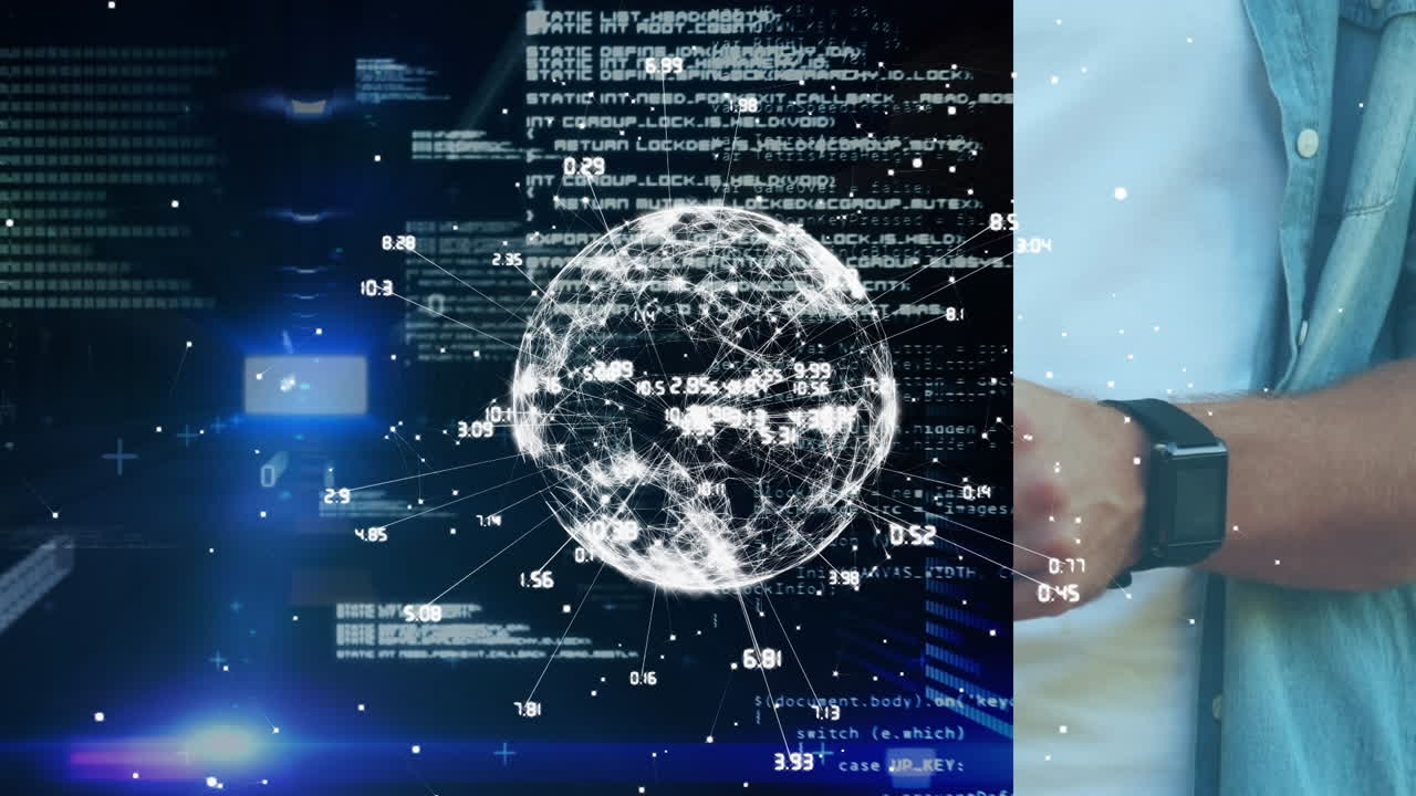 animación del globo con conexiones y procesamiento de datos sobre el hombre caucásico usando un teléfono inteligente