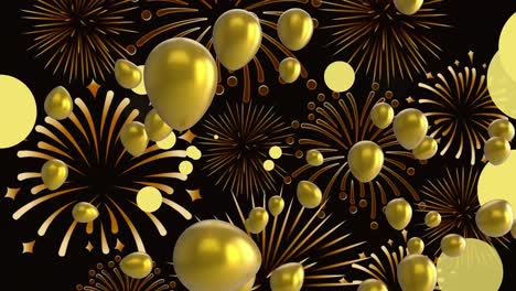 animation of gold christmas balloons and new year fireworks on black background