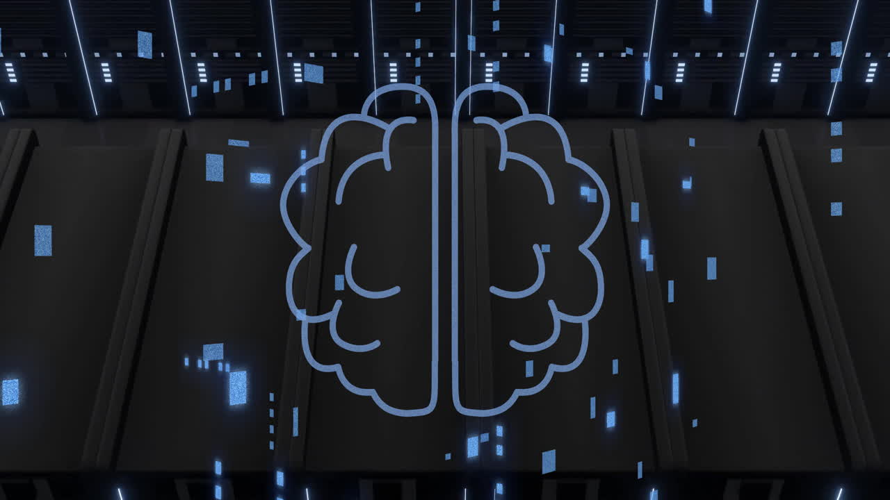 데이터 센터의 서버 랙에 대한 뇌 아이콘과 데이터 처리 애니메이션