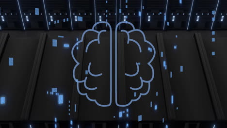 icona del cervello e animazione di elaborazione dei dati su racks di server nel centro dati
