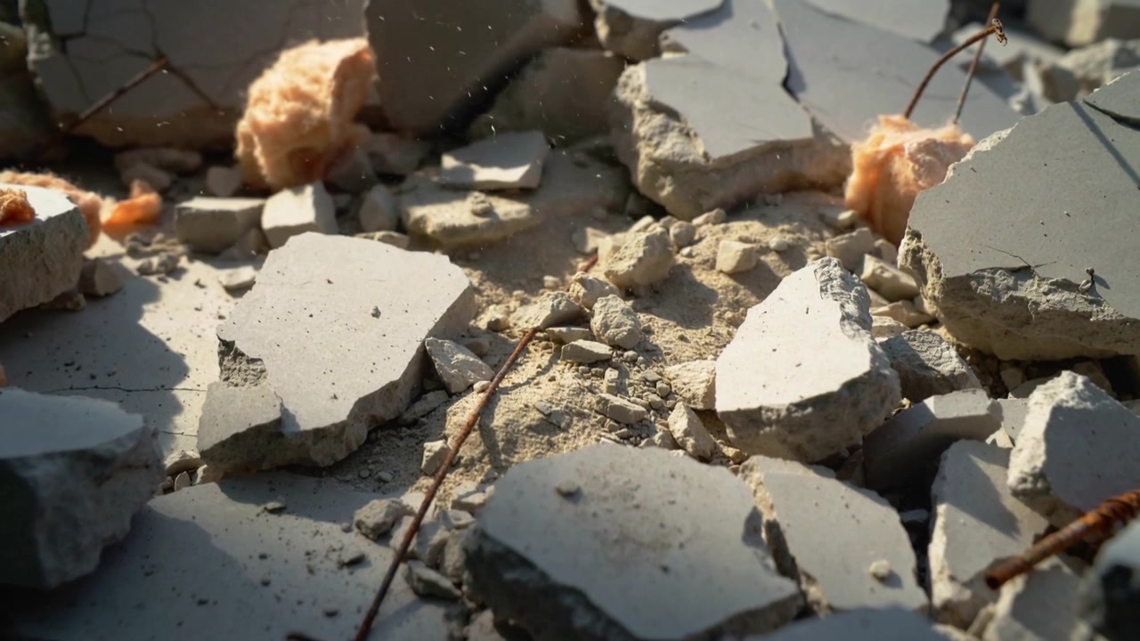 Shifting camera revealing broken concrete, rusty rebar, pink insulation on rubble to show texture