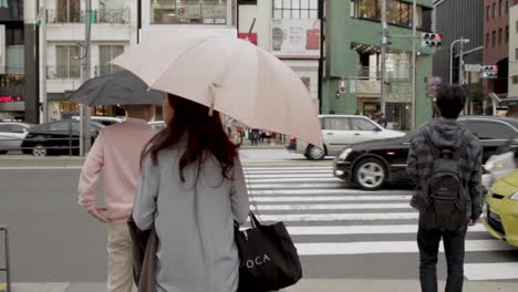 woman with umbrella crossing a street in tokyo