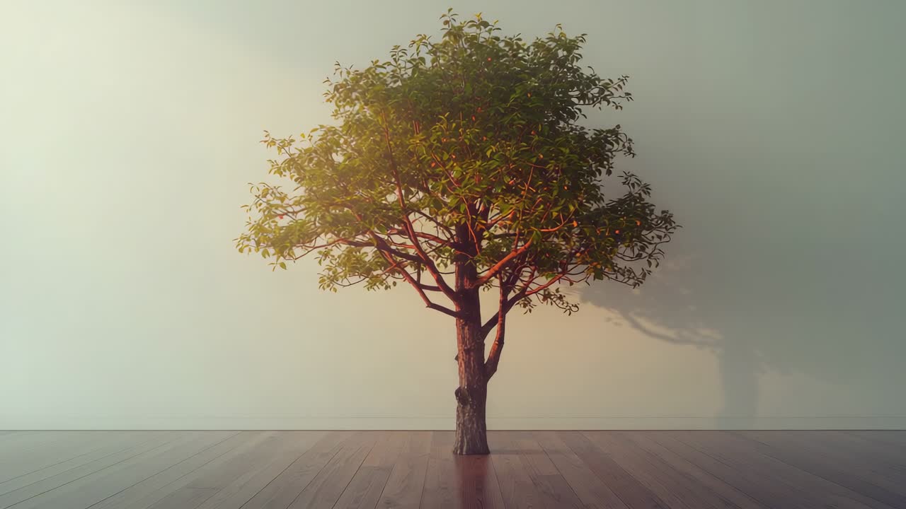 Zooming camera focusing on solitary fruiting tree in studio space, revealing orange fruits
