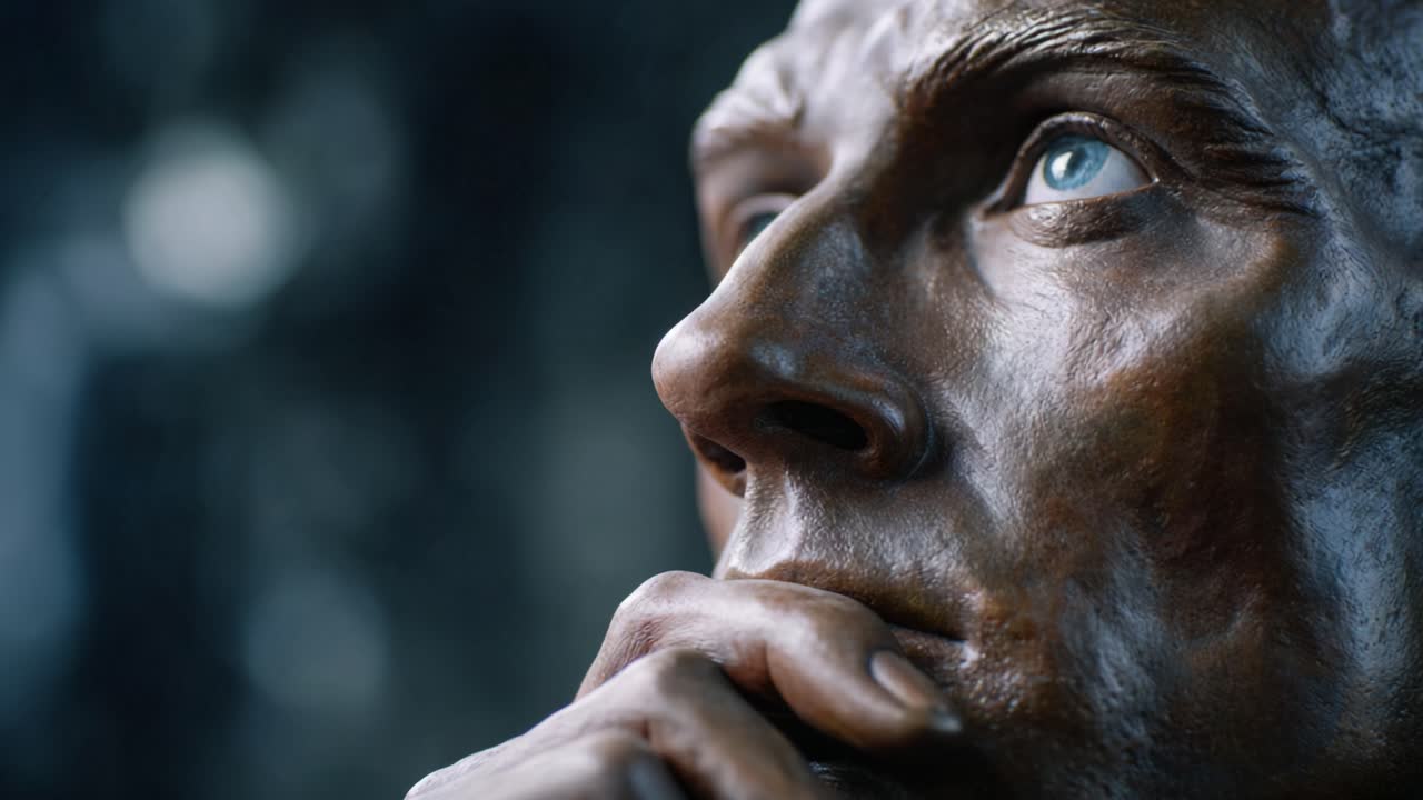 A Close-Up of a Detailed Sculptural Face in Deep Thought, Capturing Intricate Features and Expression of Contemplation in a Bronze-Toned Finish