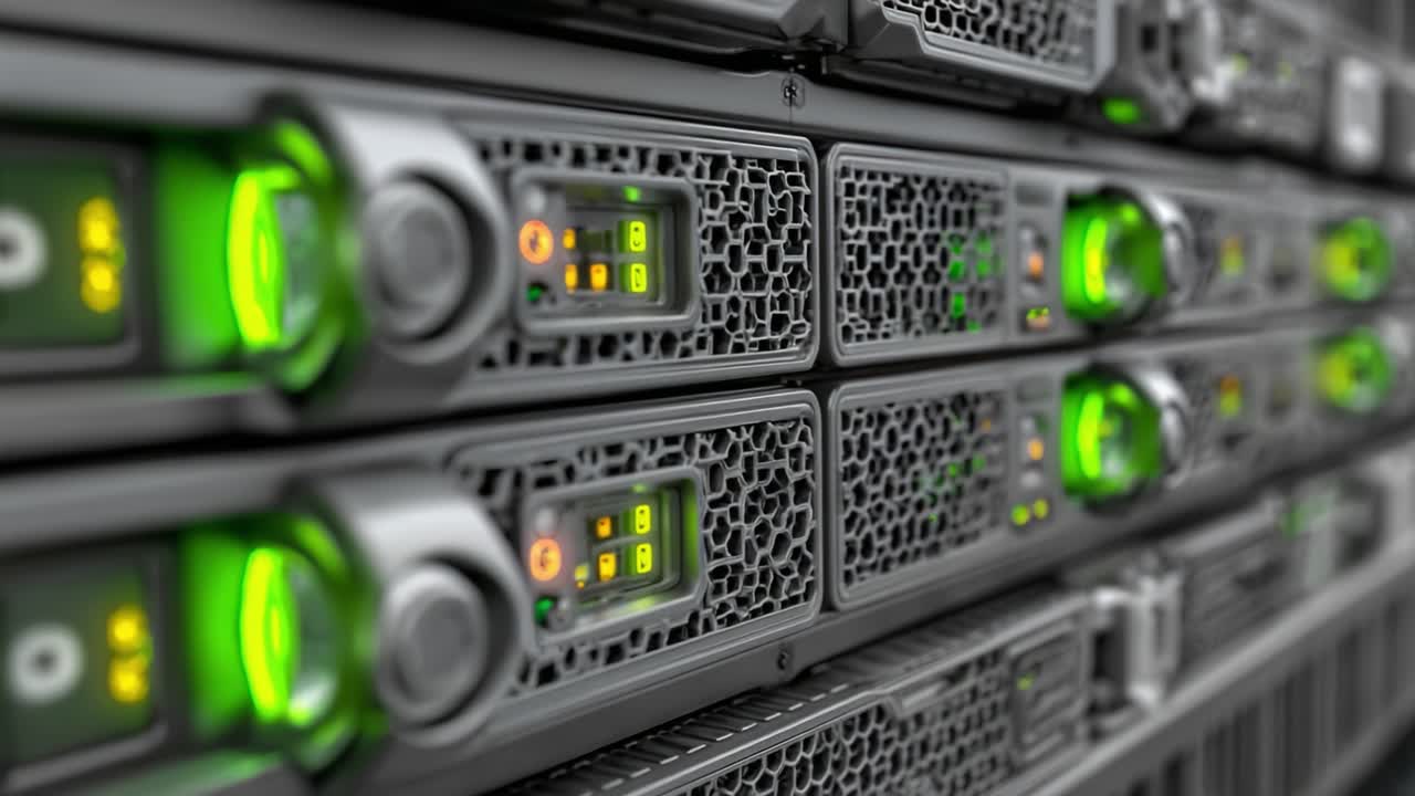 Close-Up View of Modern Server Racks Highlighting Energy-Efficient Systems with Green LED Indicators and Intricate Ventilation Designs for Optimal Data Management