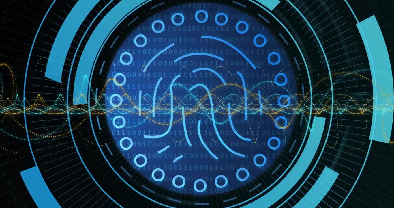 When playback begins waveforms animating as HUD rings rotating scanning fingerprint for processing