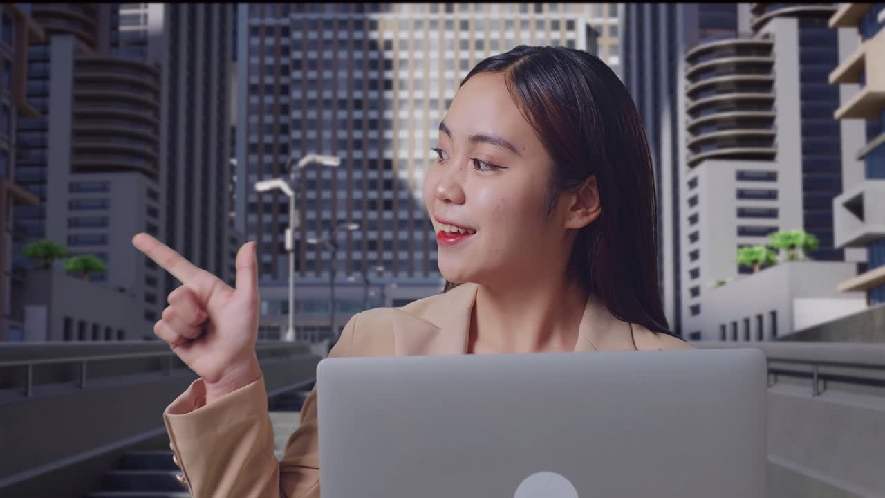 도시에서 노트북으로 일하는 사업가