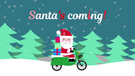 Der-Weihnachtsmann-Kommt-Text-Und-Der-Weihnachtsmann-Mit-Geschenken-Auf-Dem-Motorrad