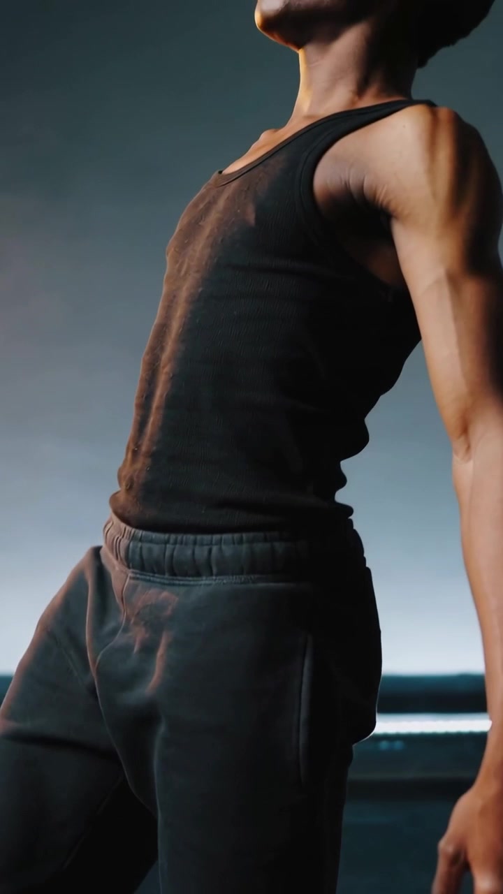 Video verticale: Un ballerino solleva il ginocchio, si bilancia e inarca la schiena in uno studio con sbarra, canotta e pantaloni della tuta.