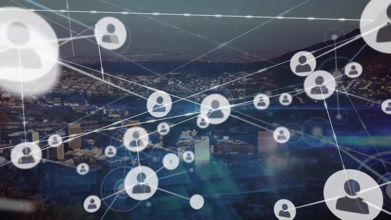 animación de iconos y formas de medios sobre el paisaje urbano.