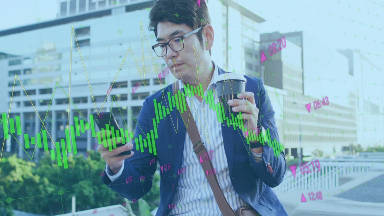 Executive settling on terrace seat taking phone and tracking stocks with financial charts flowing