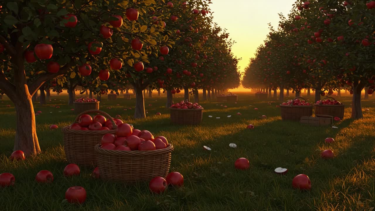 Serene Sunset in an Apple Orchard: Vibrant Red Apples Abound Amidst Lush Green Grass and Basket Harvests, Capturing the Beauty of Nature's Bounty