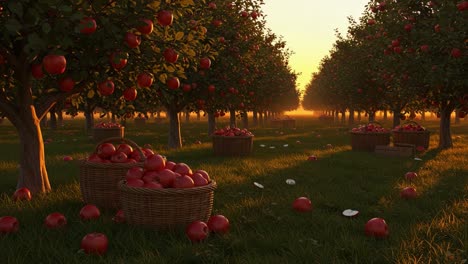 serene sunset in an apple orchard: vibrant red apples abound amidst lush green grass and basket harvests, capturing the beauty of nature's bounty