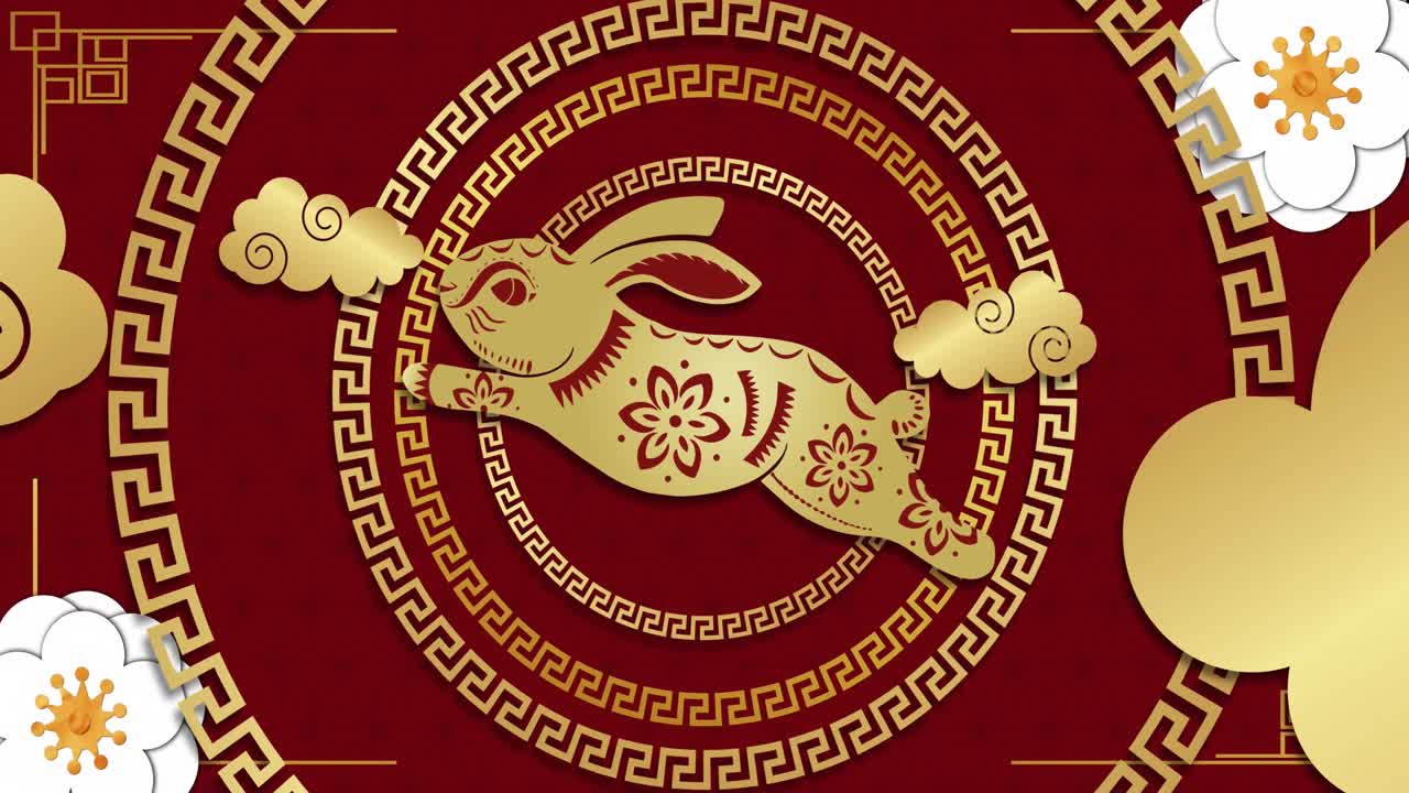 animación de decoraciones tradicionales chinas con conejo en fondo rojo.