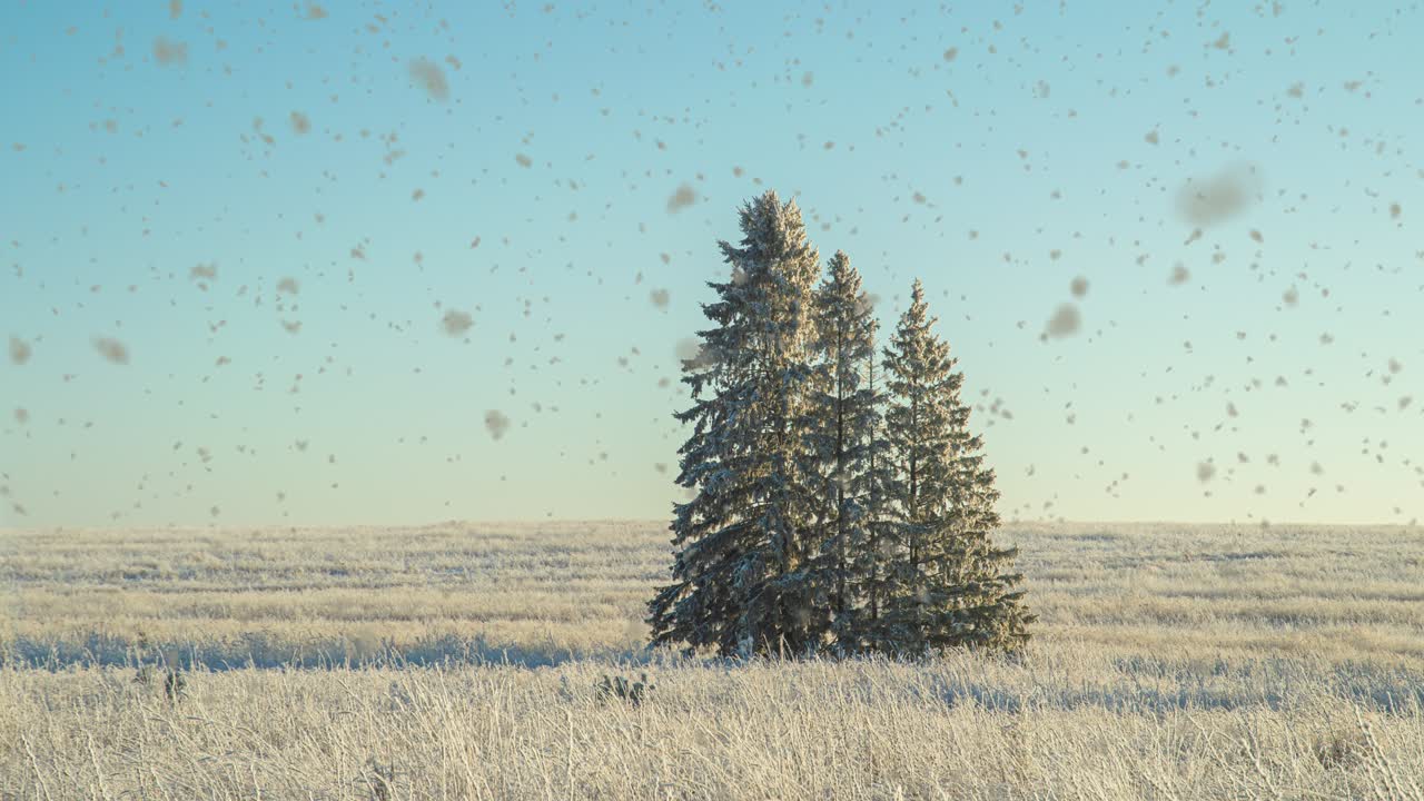 paisaje de invierno en un campo con tres abetos cubiertos de nieve, hermosas nevadas, tiempo soleado. cinemagraf, bucle de video