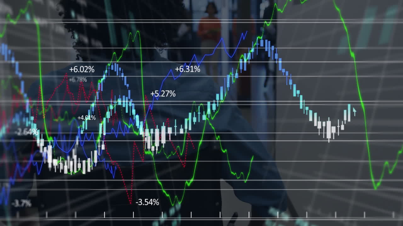På kontoret, animasjon av finansielle datagrafer over mennesker som går i en korridor