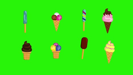 group of ice cream animation on green screen chroma key, decorative flat design