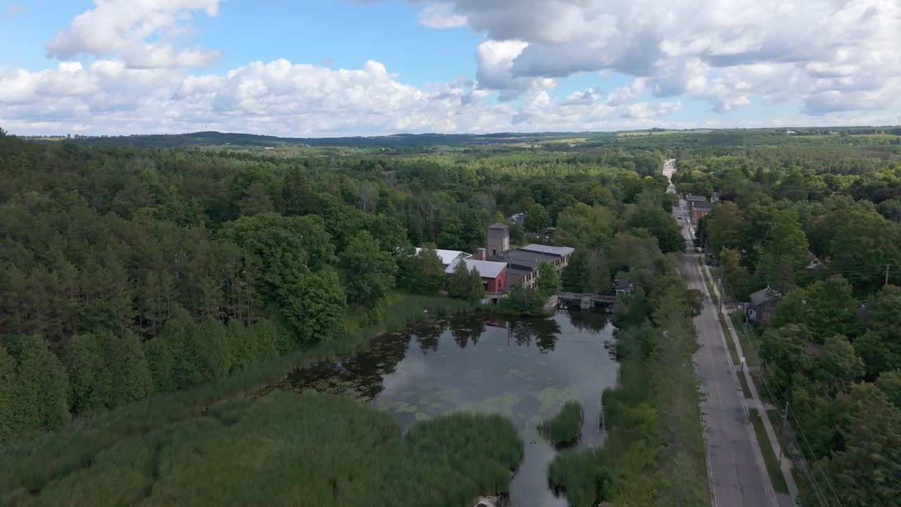 Aerial View of Rural Landscape with Lake and Buildings