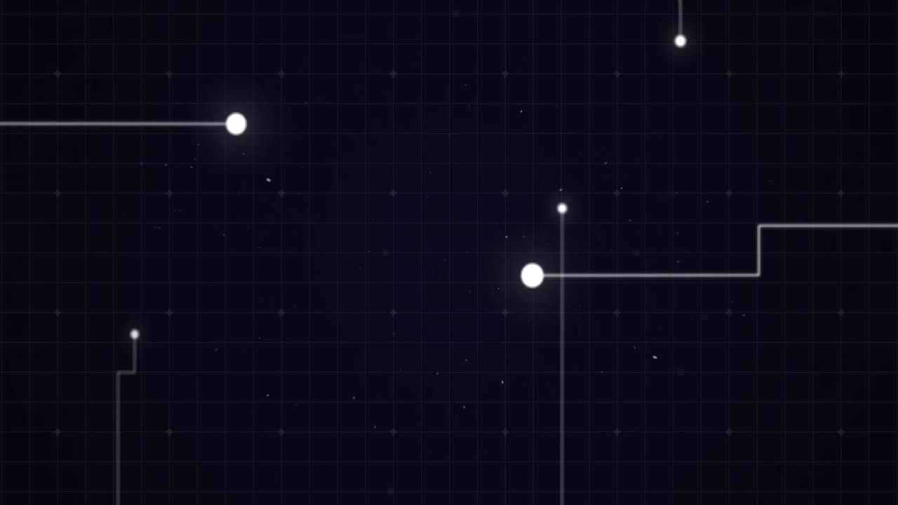 Animation of glowing white points with light trails forming grid on black background