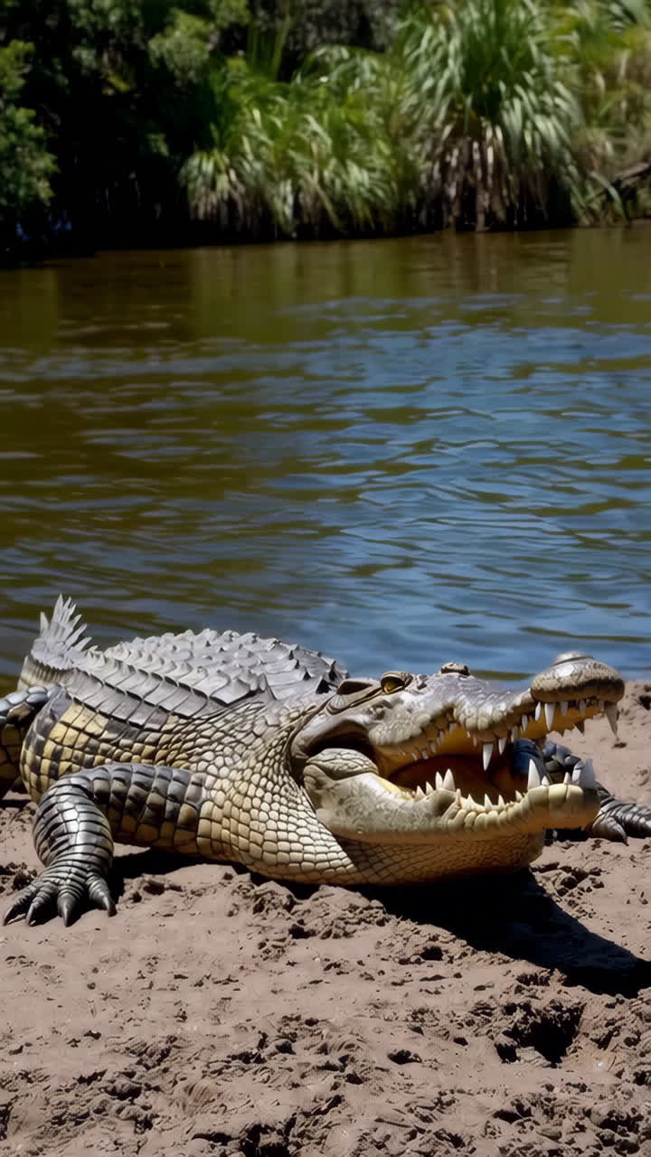 Crocodilo descansando na margem do rio