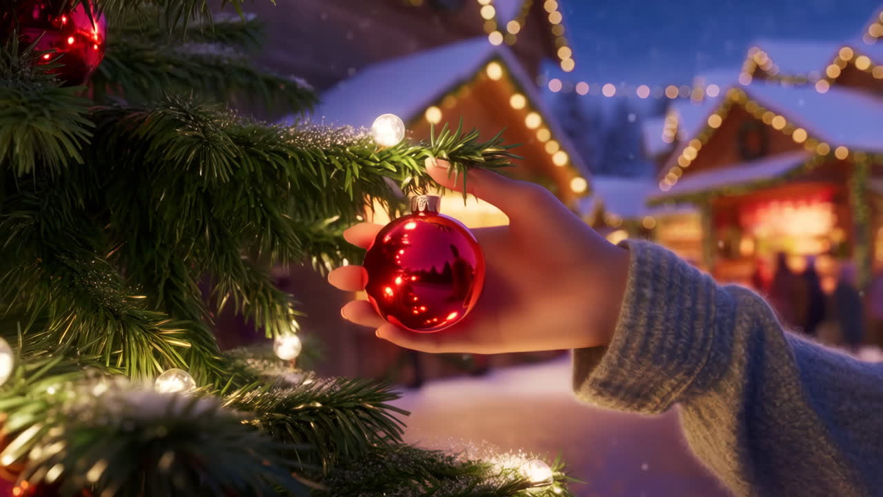 Decorating a Christmas Tree at a Festive Winter Market