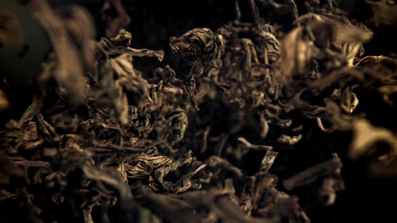 Dried Tea Leaves Floating and Swirling in Slow Motion