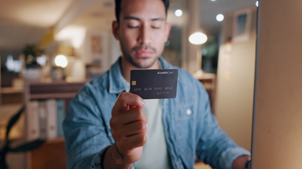 Business man, credit card and computer for night