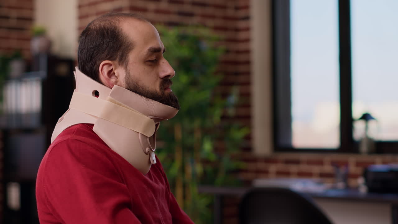 Businessman wearing cervical neck collar at e commerce job