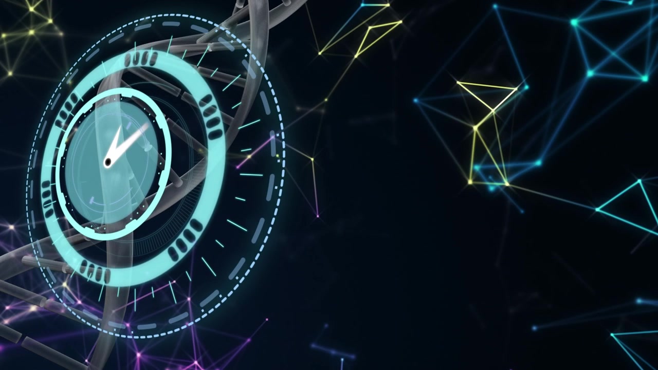 Animation of moving clock and dna strand over network of connections on black background