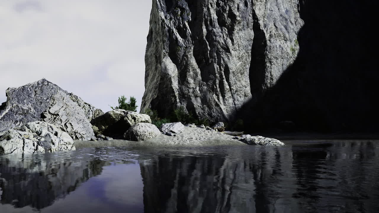 Captivating serenity at a rocky shore under soft afternoon light