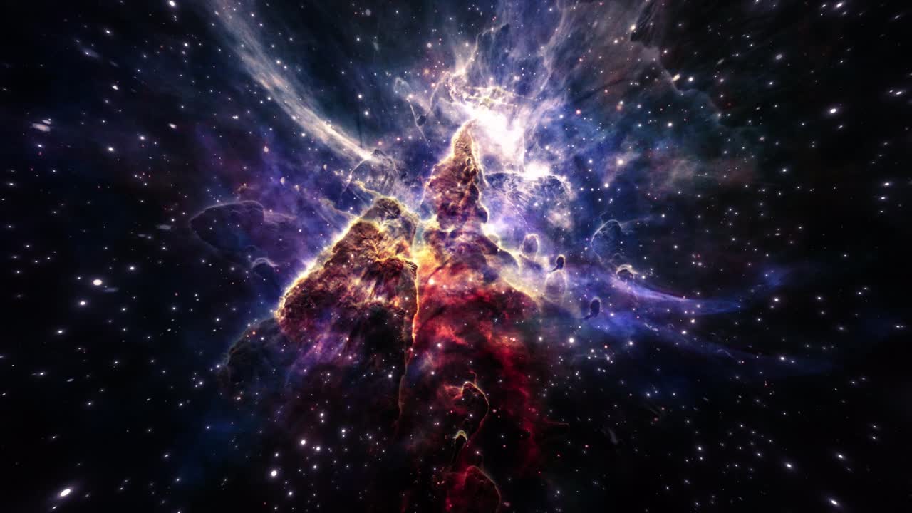 Carina Nebula exploration on deep space. 4K Flight Into A pillar of gas in the Carina Nebula, is bathed in the light of hot, massive stars. Elements furnished by NASA image. 3D animation space flight.