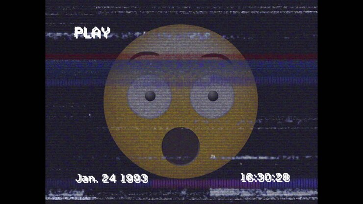 Digital animation of vhs glitch effect over surprised face emoji against black background
