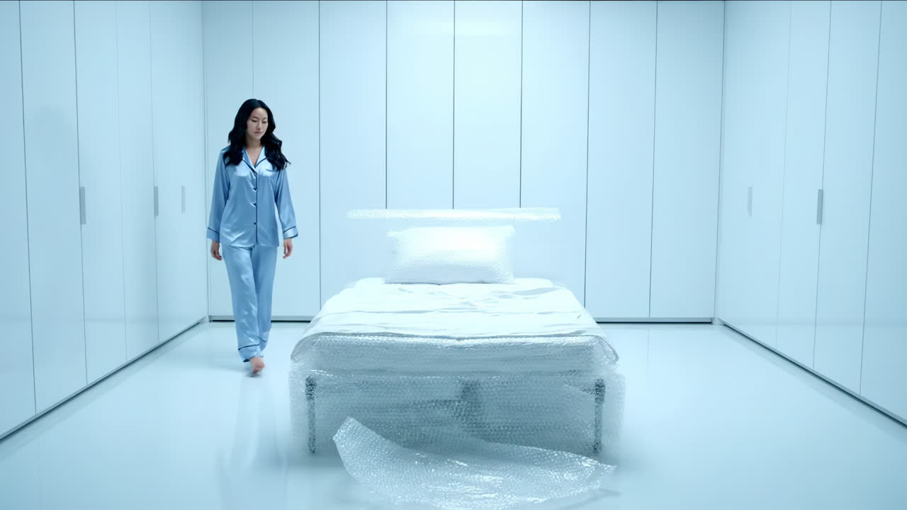 Preparing a bed in a modern room setup. A woman is arranging a bed in a minimalist room with white walls and bright lighting, creating a serene atmosphere