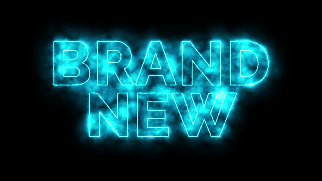 Tekstipohjainen neonkyltti tummaa taustaa vasten, hehkuvin sinisin, vaaleanpunaisin ja vihrein värein, paljastaen sanan "brand new" tyylitellyllä fontilla