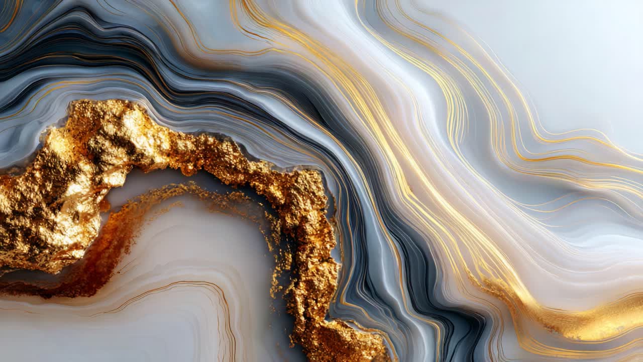 Captivating Abstract Art with Gold Accents: A Stunning Display of Fluid Lines and Rich Textures, Merging Shades of Gray and White with Radiant Golden Highlights