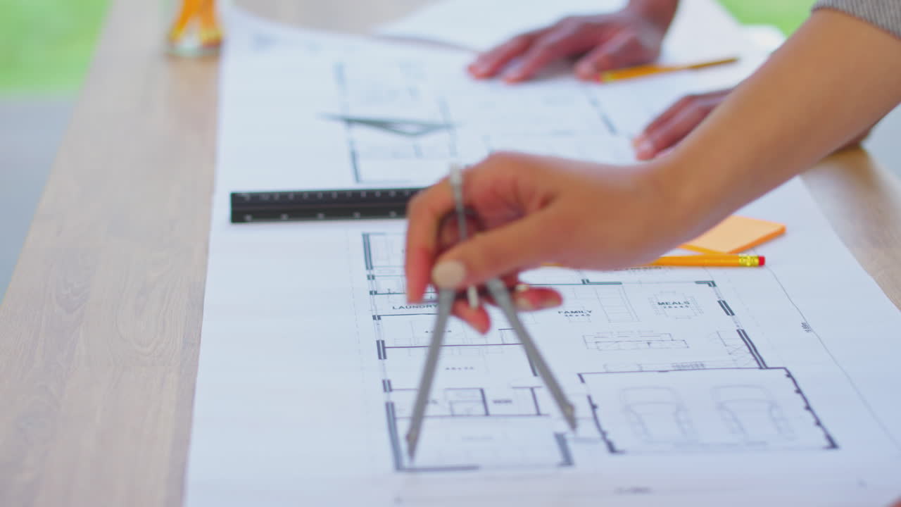 Primo piano di un architetto e un'architetta che lavorano in ufficio, esaminando i progetti di un nuovo edificio sulla scrivania.