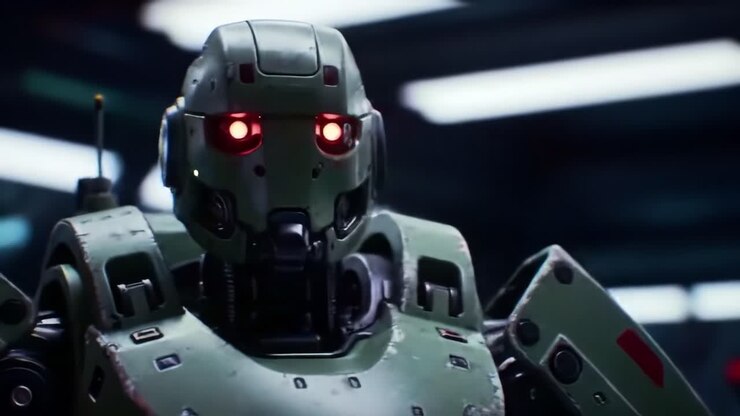 Primo piano di un robot militare futuristico