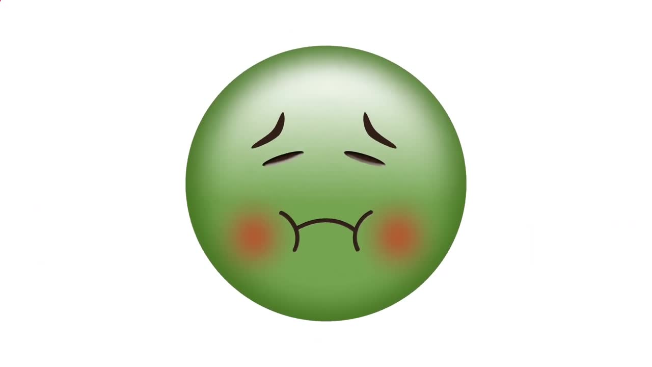 ⁇ 색 배경에 녹색 병자 얼굴 이모티콘 위에 추상적인 빨간색 장식 디자인의 디지털 애니메이션