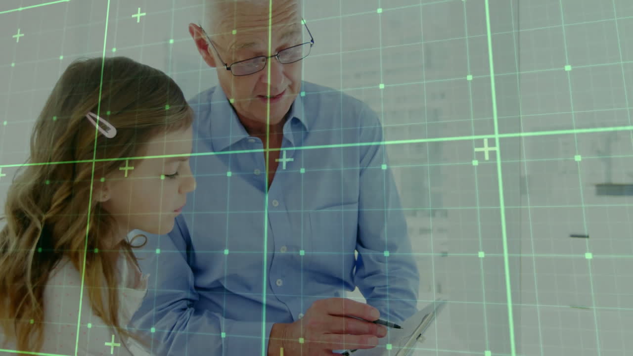 Animation of network of connections over caucasian male doctor talking to his young patient