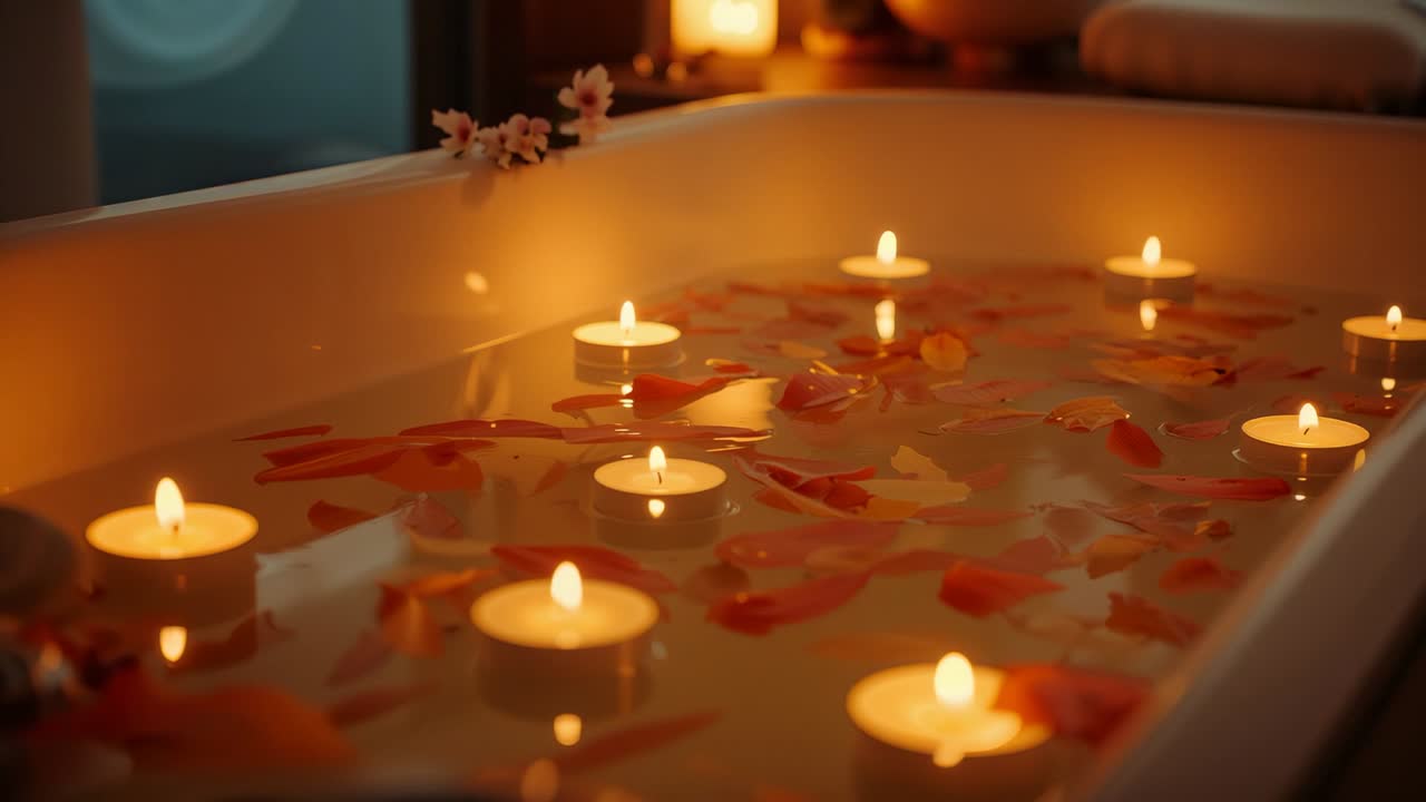 Hands placing lit tea lights into bathtub to create spa ambiance in bathroom, petals flickering
