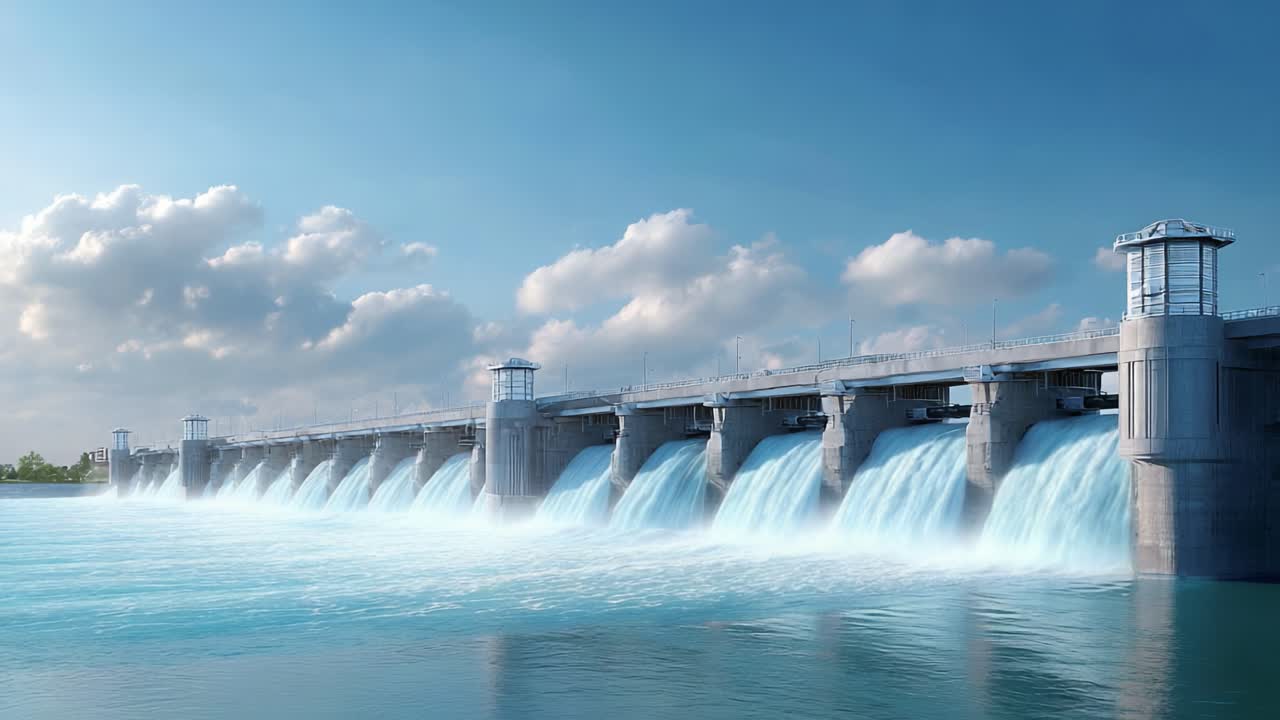 A Majestic Hydroelectric Dam Releasing Cascades of Water Beneath a Beautiful Sky: A Serene Experience of Nature's Power and Engineering Marvel