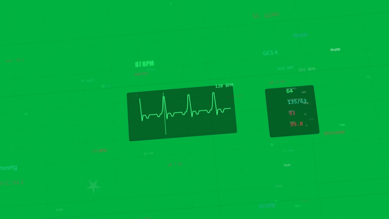 HUD di telemetria su griglia trasparente che riceve dati, mostrando un ECG verde che scorre e i parametri vitali in tempo reale.