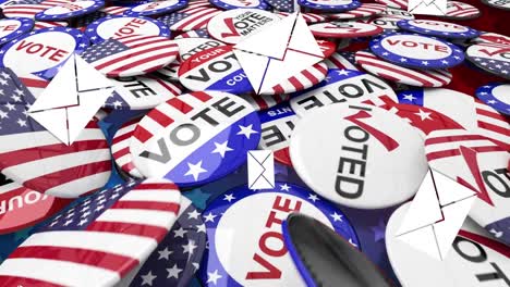 multiple envelope icons falling over vote badges against american flag