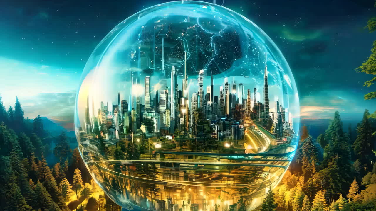 A large glass sphere with a city inside of it. The city is surrounded by trees and the sky is dark