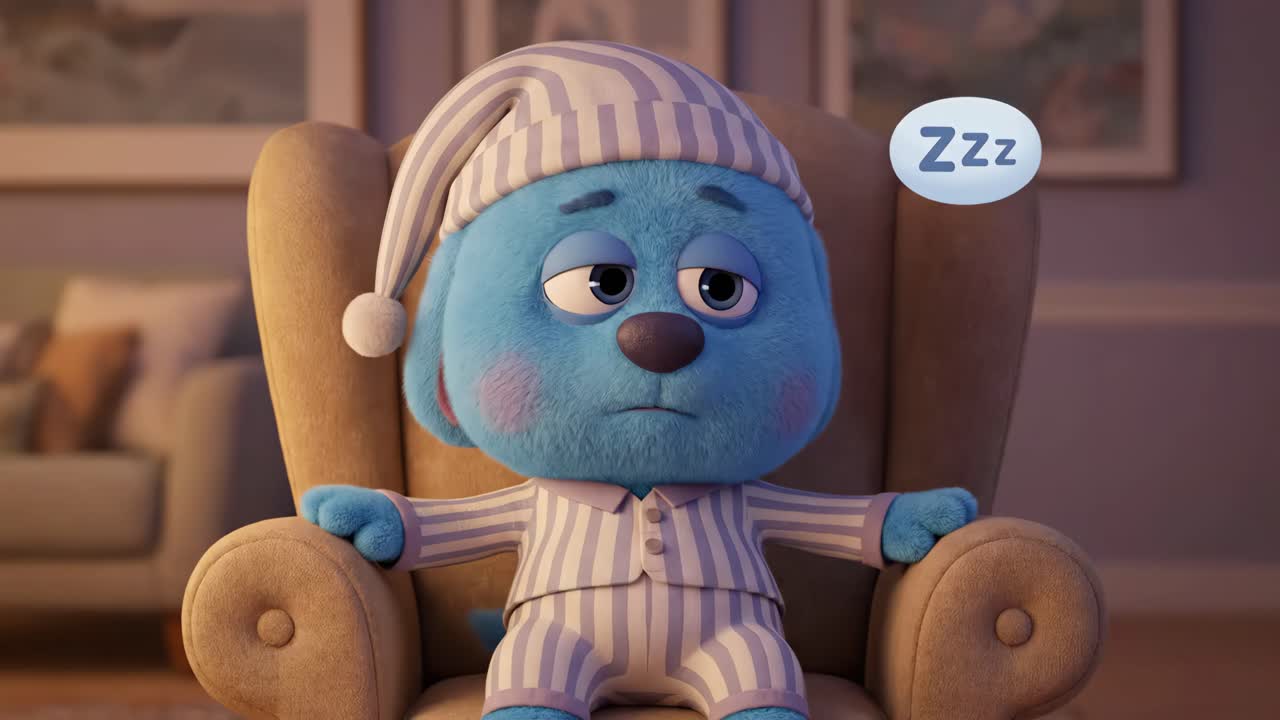 Adorabile cane blu in stile cartone animato che si addormenta su una comoda poltrona