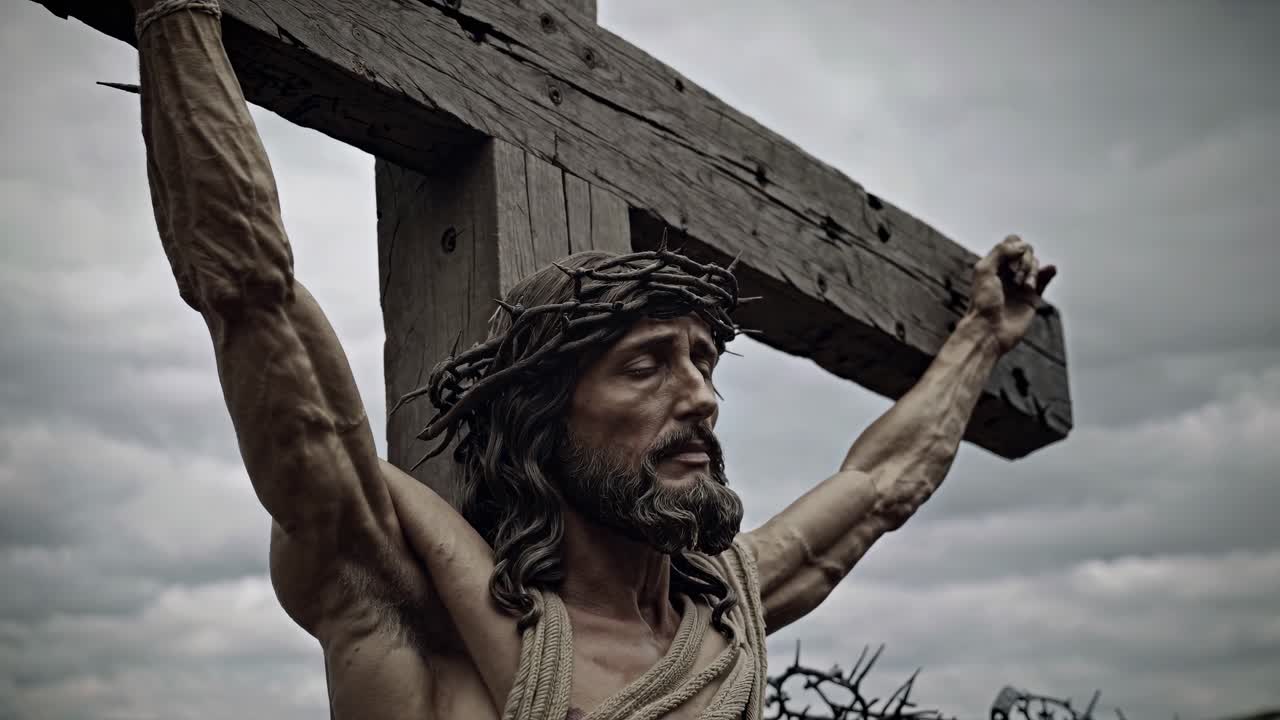Dramatic low-angle shot of a crucifixion scene, capturing intense emotion and somber tones