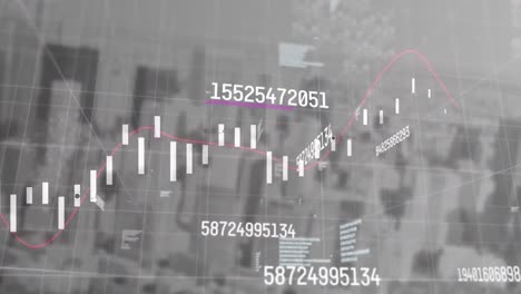 Animación-De-Números-Cambiantes-Y-Procesamiento-De-Datos-Estadísticos-Frente-A-La-Vista-Aérea-Del-Paisaje-Urbano.