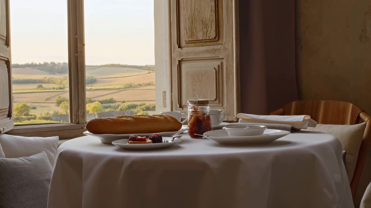 Scena interna accogliente con tavolo rotondo apparecchiato con tovaglia bianca accanto a una finestra aperta e invecchiata, che rivela campi sfocati, siepi e colline distanti all'esterno, illuminata da una luce serale calda e delicata.