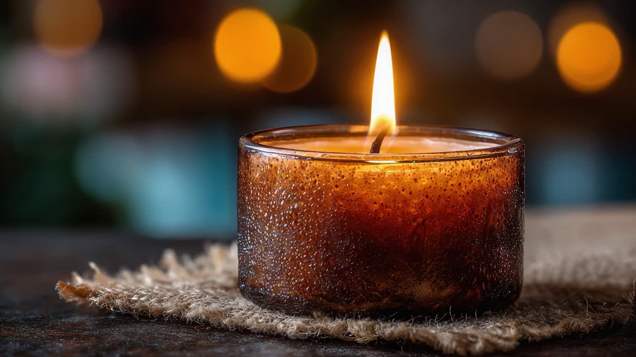 Svítící svíčka v rustikálním svícnu, obklopená jemným bokeh světlem v pozadí, vytvářející útulnou, příjemnou atmosféru k relaxaci a zamyšlení.
